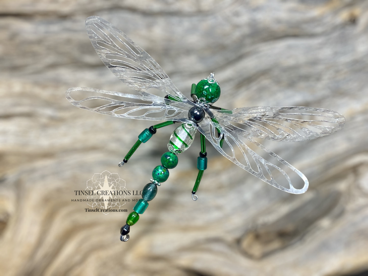 Dragonfly Ornament- Green & Silver Glass Twist