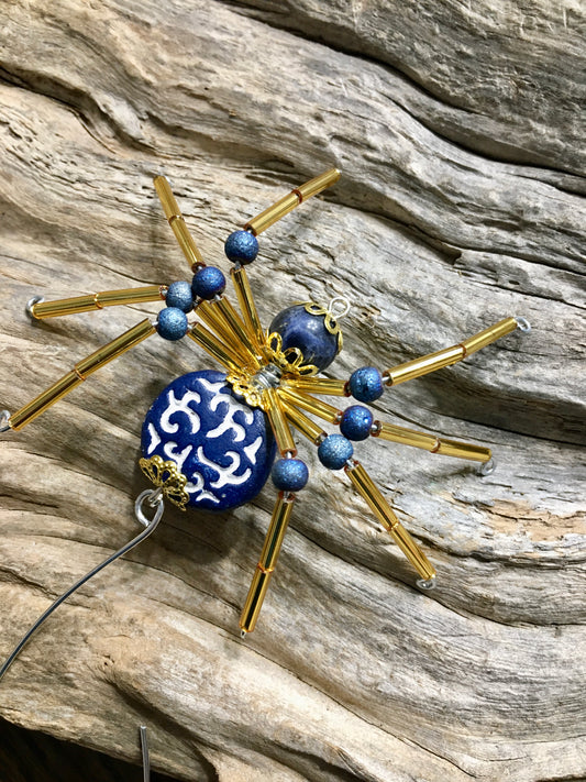 Carved wood Blue with Gold Spider Ornament