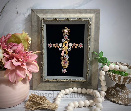 Pink Ribbon Cross Framed Jewelry Art