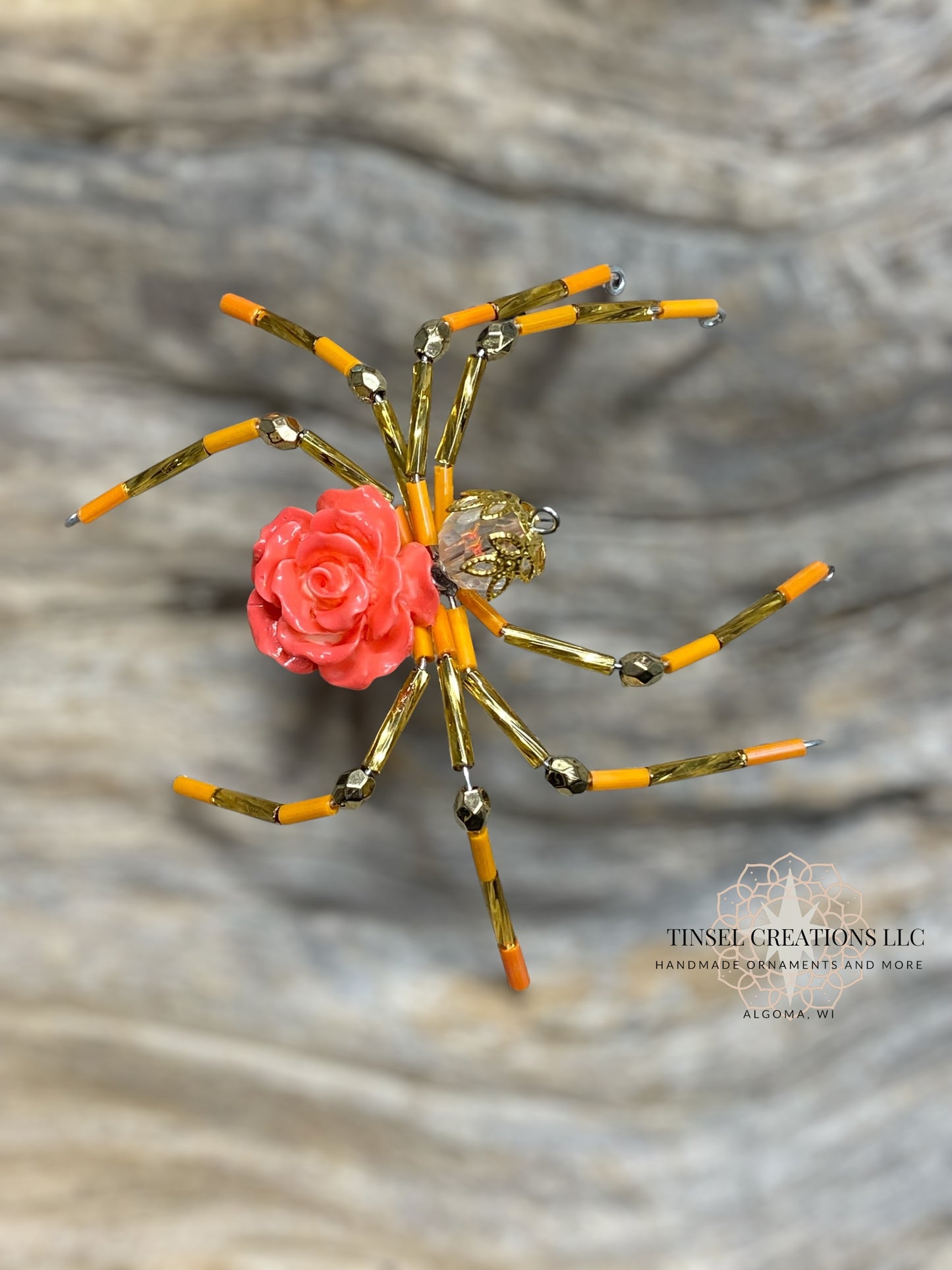 Coral Gold Rose Spider Ornament