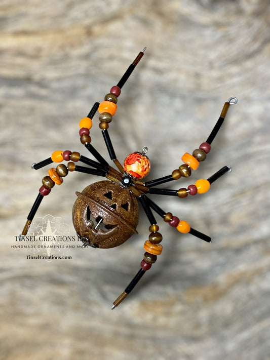 Handmade Rusty Jack-o’-lantern Spider Ornament 
