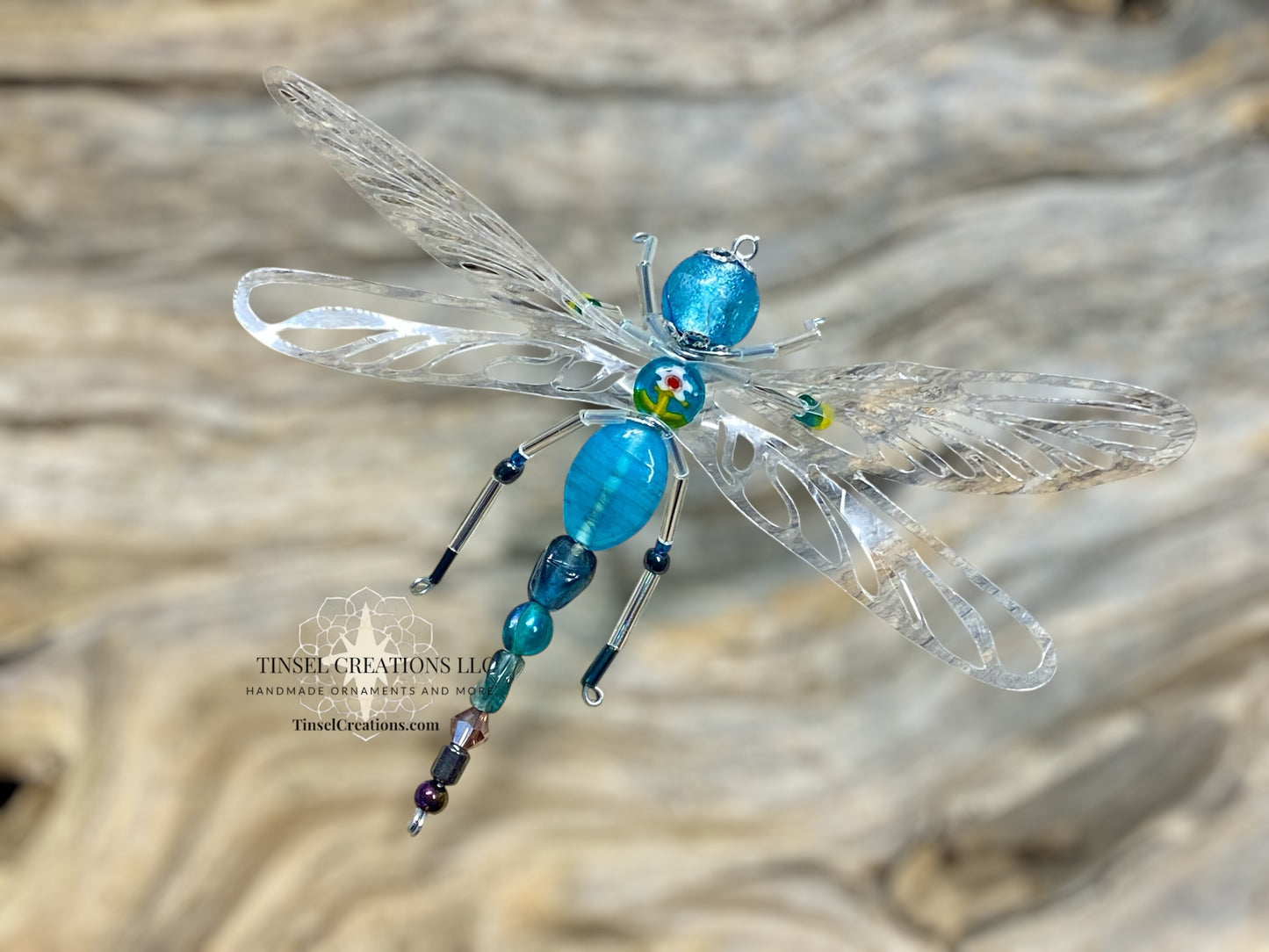 Dragonfly Ornament- Blue Glass Flower