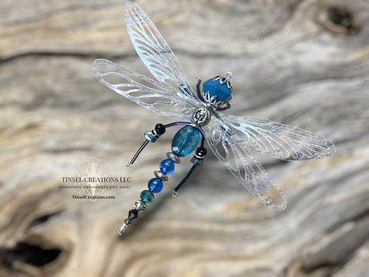 Dragonfly Ornament- Blue with Silver Rose