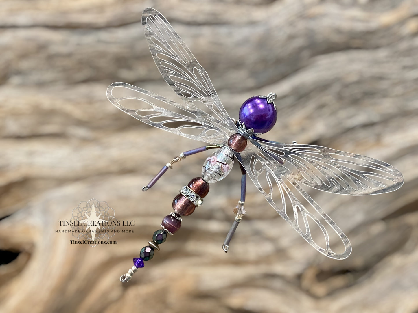 Dragonfly Ornament- Purple with Pink Glass Flowers