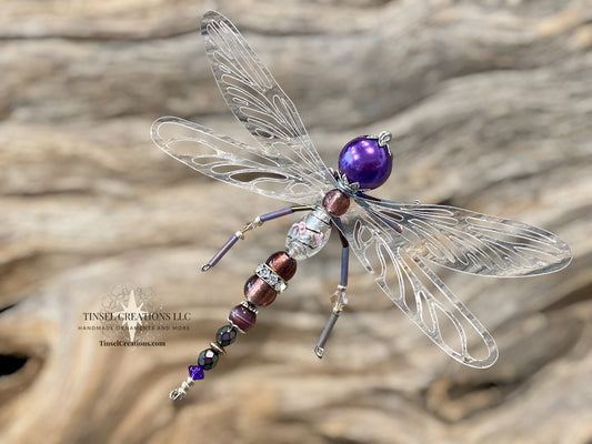 Dragonfly Ornament- Purple with Pink Glass Flowers