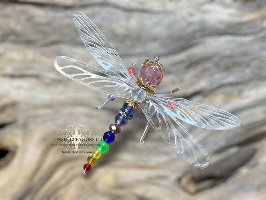 Dragonfly Ornament- Rainbow with Pink Head