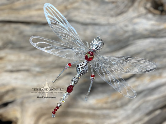 Dragonfly Ornament- Silver & Red