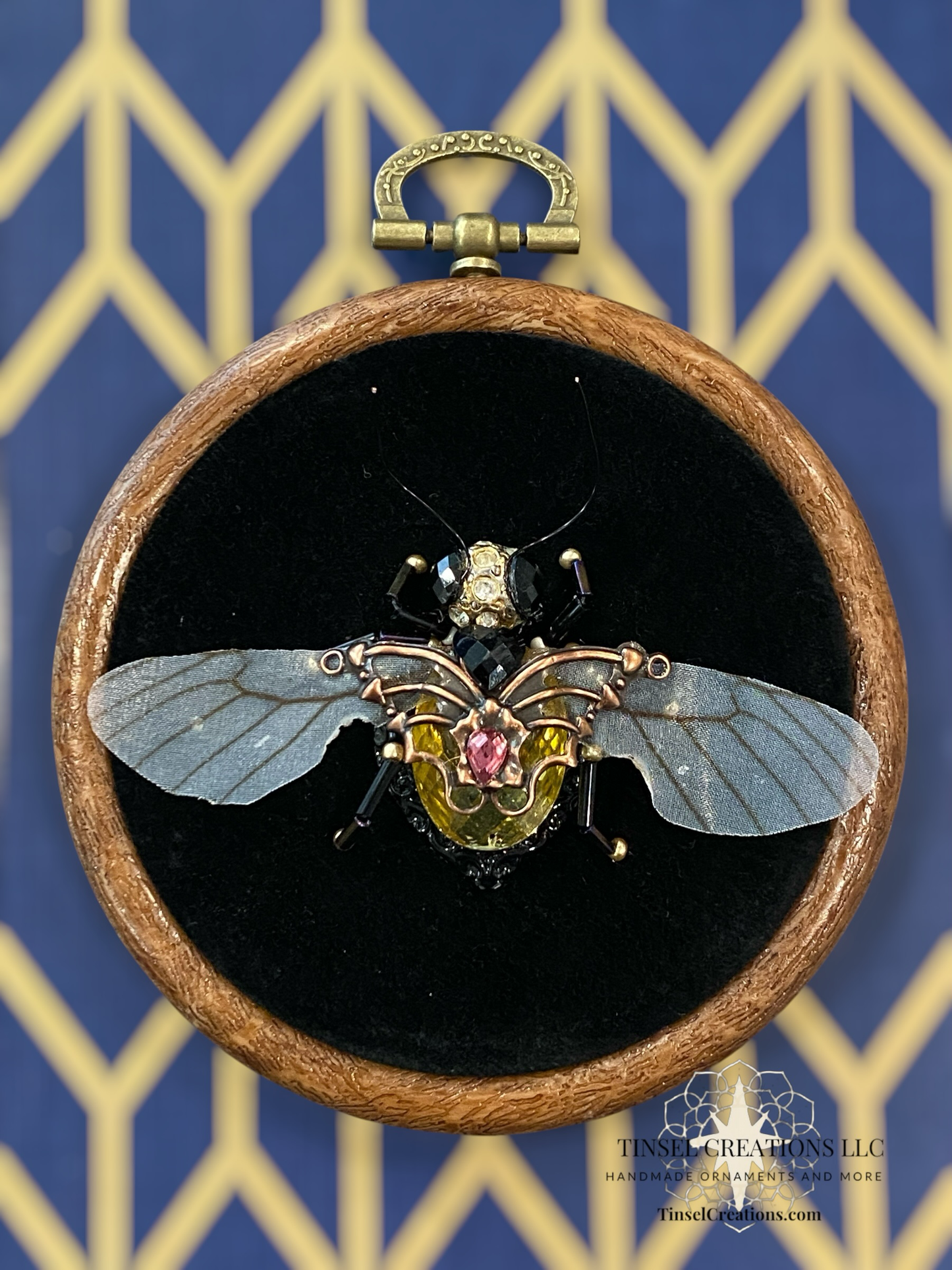 Beaded Embroidered Bee on Black Velvet