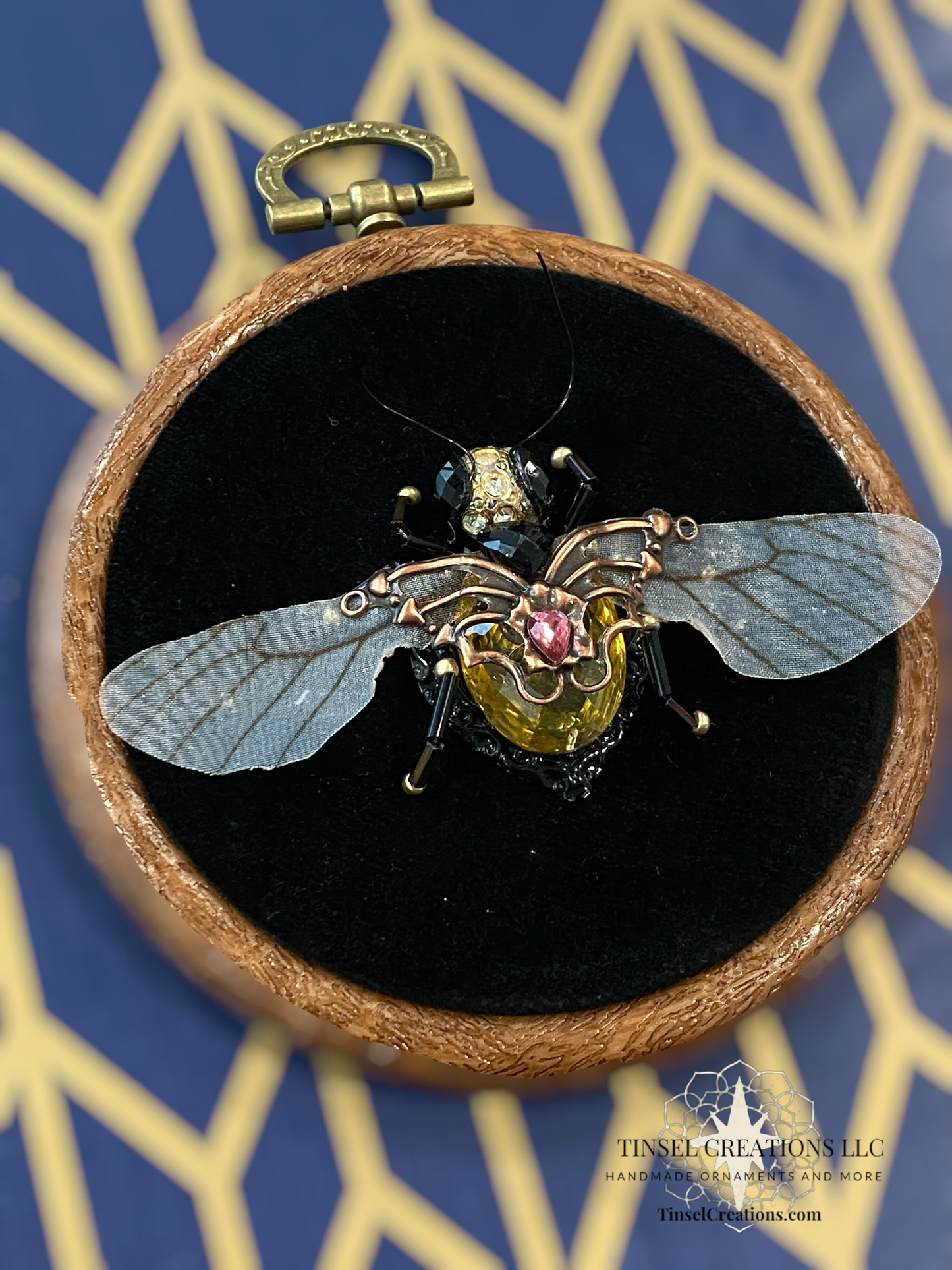 Beaded Embroidered Bee on Black Velvet