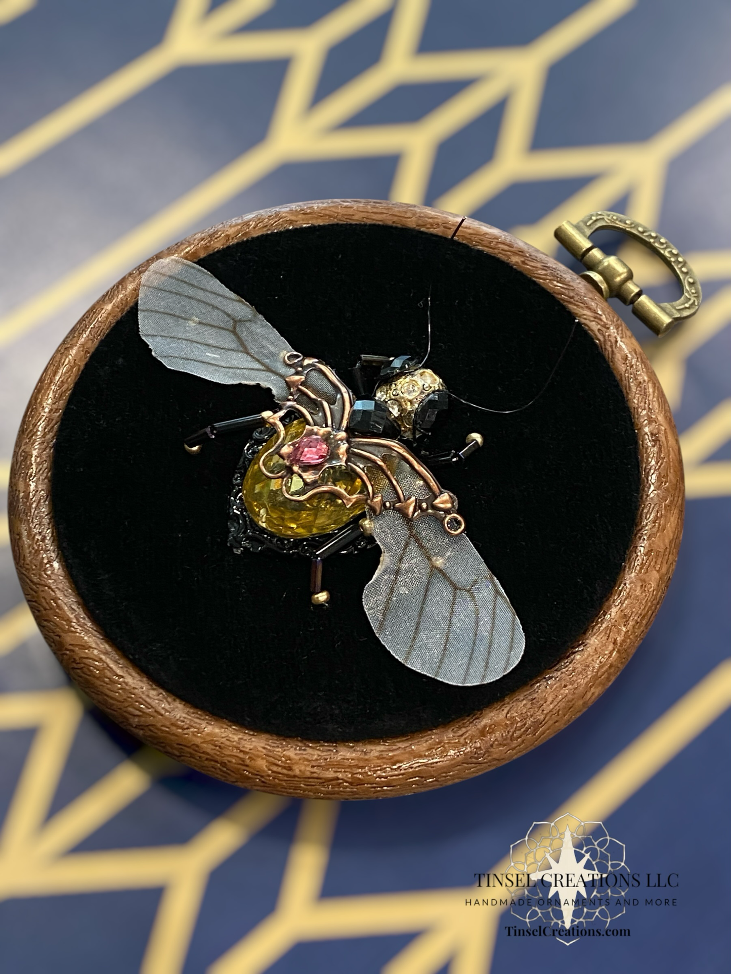 Beaded Embroidered Bee on Black Velvet