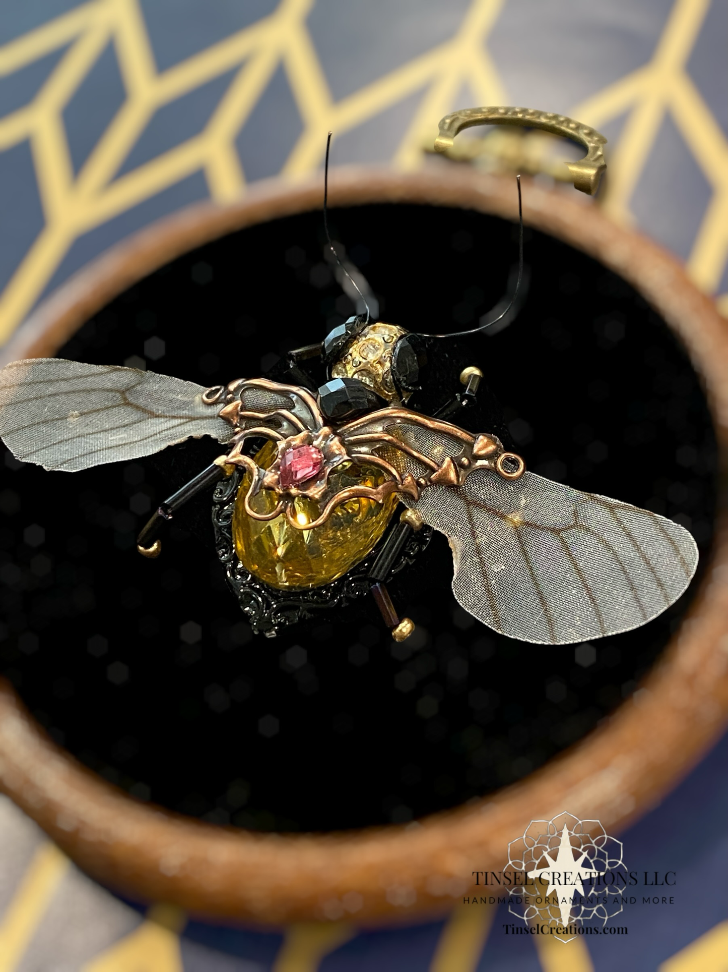 Beaded Embroidered Bee on Black Velvet